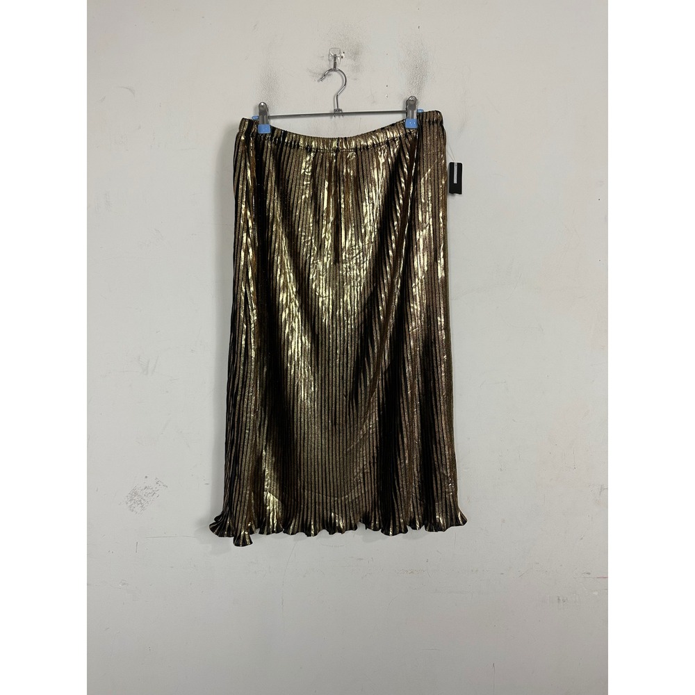 New Directions Metallic Gold Pleated Midi Skirt Black Elastic Waist Large NWT
